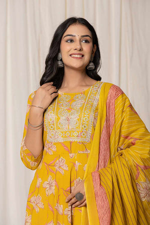 Mustard Floral Printed Cotton Kurti Pant Set