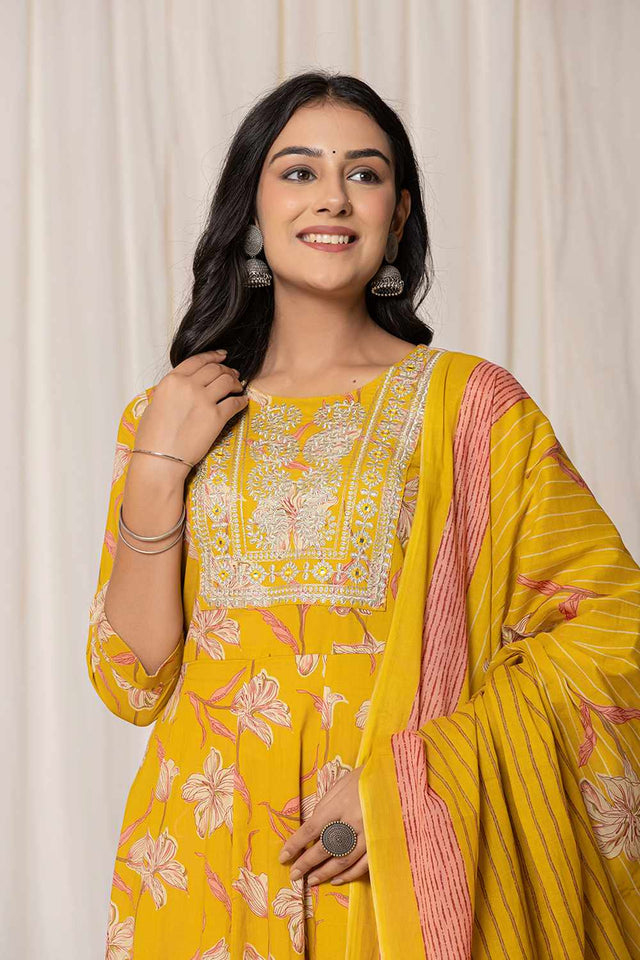 Mustard Floral Printed Cotton Kurti Pant Set