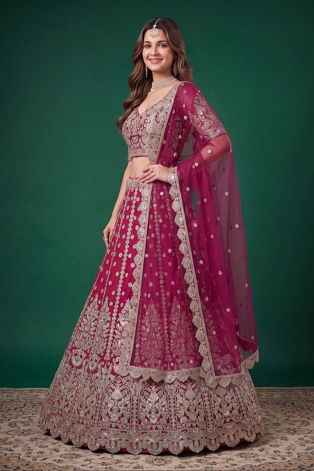 Pink Sequin with Zari Work Net Lehenga (6013-Pink)