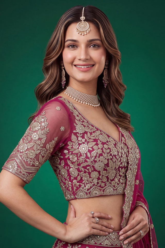 Pink Sequin with Zari Work Net Lehenga (6013-Pink)