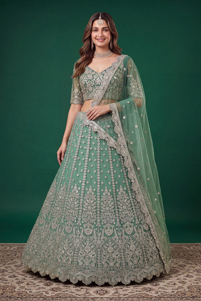 Green Sequin with Zari Work Net Lehenga (6013-Pista)