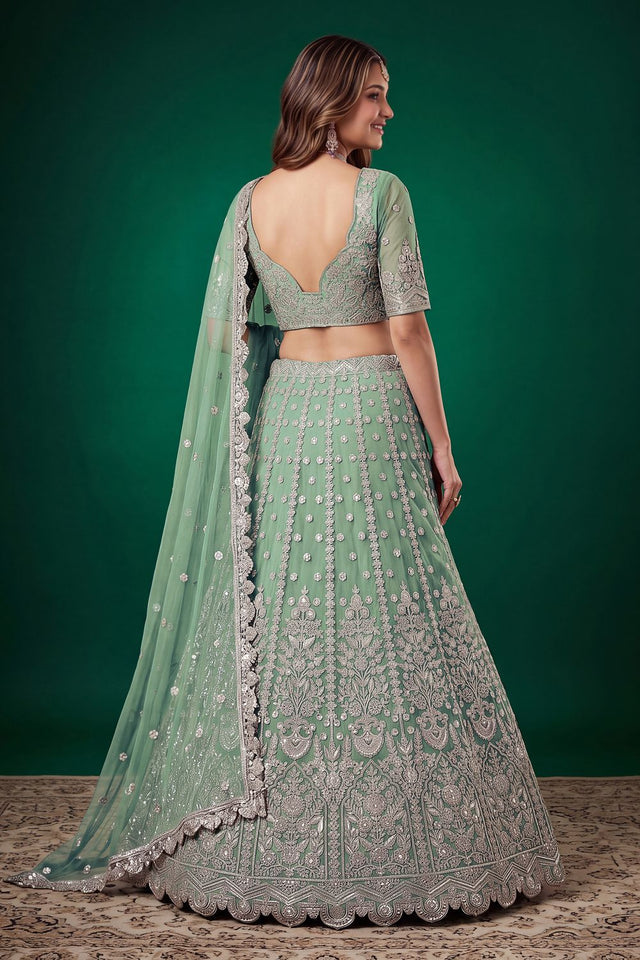 Green Sequin with Zari Work Net Lehenga (6013-Pista)