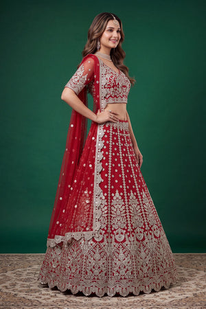 Red Sequin with Zari Work Net Lehenga (6013-Red)