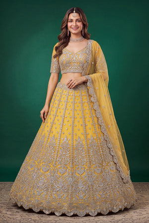 Yellow Sequin with Zari Work Net Lehenga (6013-Yellow)