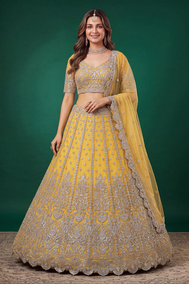 Yellow Sequin with Zari Work Net Lehenga (6013-Yellow)