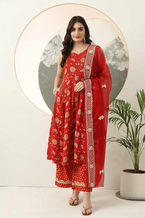 Red Floral Printed Cotton Kurti Pant Set