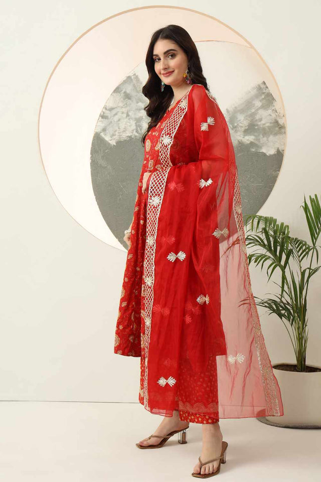 Red Floral Printed Cotton Kurti Pant Set