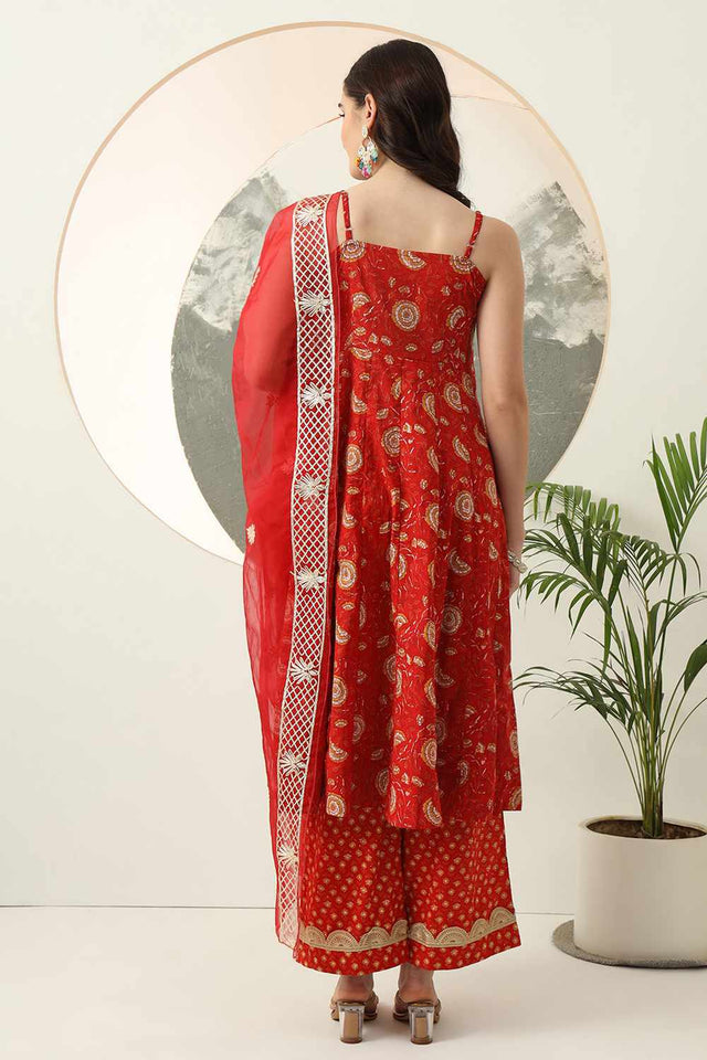 Red Floral Printed Cotton Kurti Pant Set