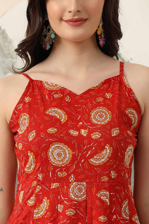 Red Floral Printed Cotton Kurti Pant Set