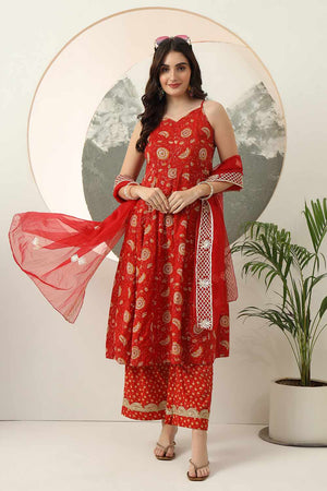 Red Floral Printed Cotton Kurti Pant Set