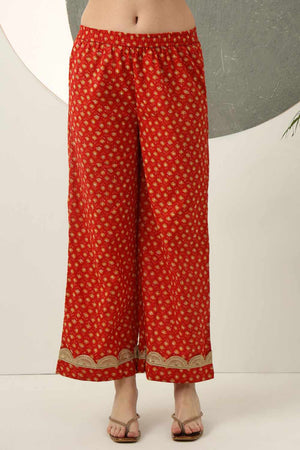 Red Floral Printed Cotton Kurti Pant Set