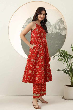 Red Floral Printed Cotton Kurti Pant Set