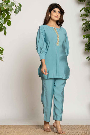 Turquoise Sequins Silk Co-Ord Set (6015CRDTB)