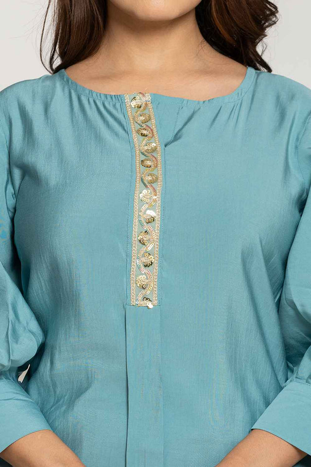 Turquoise Sequins Silk Co-Ord Set (6015CRDTB)