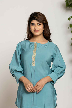 Turquoise Sequins Silk Co-Ord Set (6015CRDTB)
