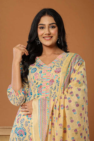 Yellow Floral Print Cotton Kurti Pant Set