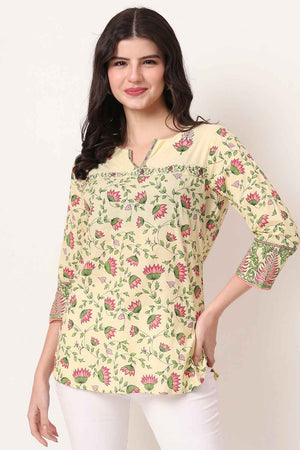 Yellow Floral Printed Pure Cotton Tops