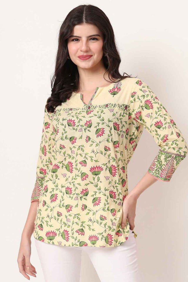 Yellow Floral Printed Pure Cotton Tops