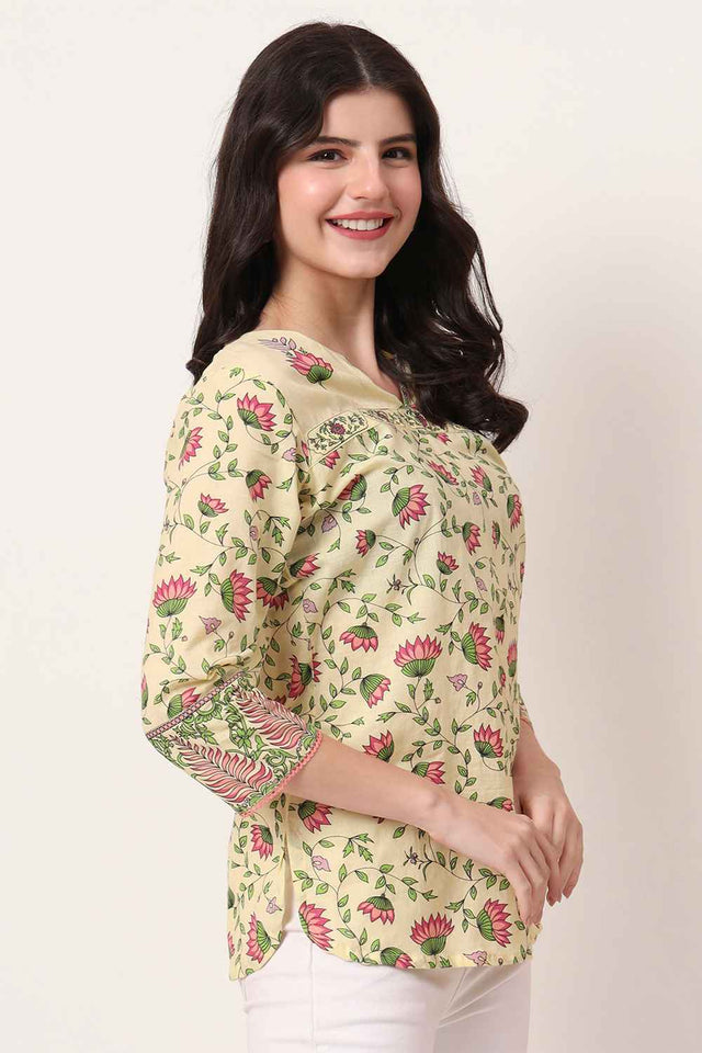 Yellow Floral Printed Pure Cotton Tops