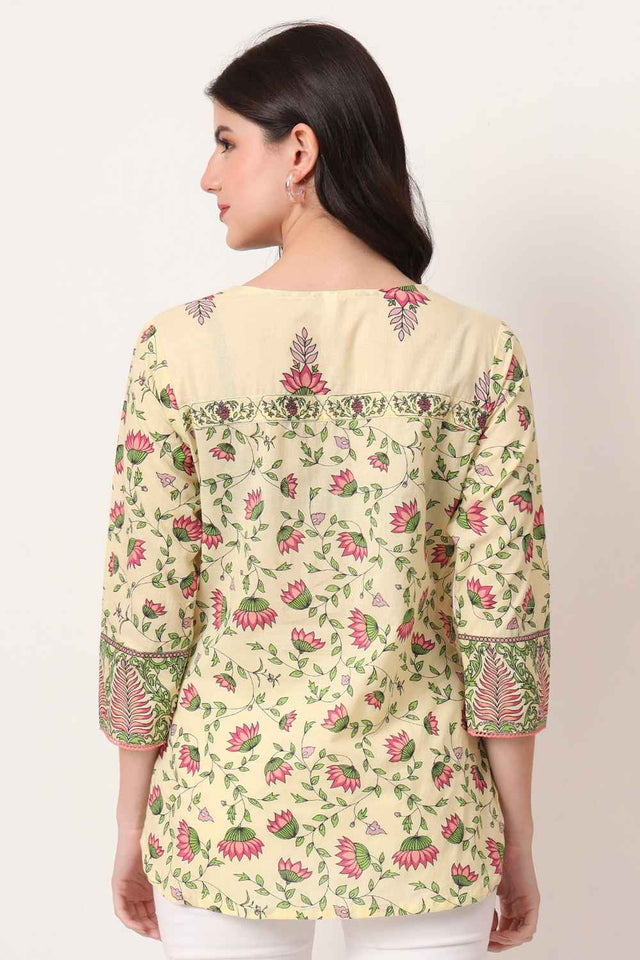 Yellow Floral Printed Pure Cotton Tops