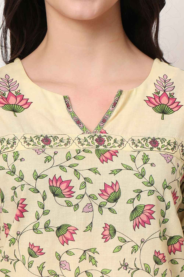 Yellow Floral Printed Pure Cotton Tops