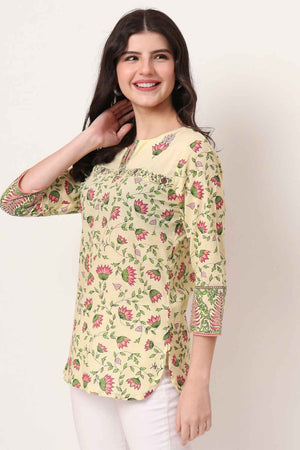 Yellow Floral Printed Pure Cotton Tops