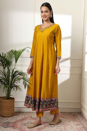 Yellow Solid Beads and Stones Embossed Silk Kurti Pant Set