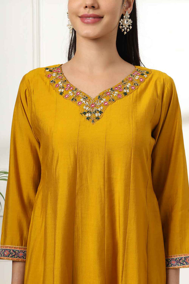 Yellow Solid Beads and Stones Embossed Silk Kurti Pant Set