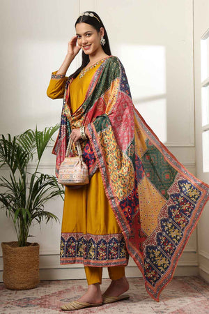 Yellow Solid Beads and Stones Embossed Silk Kurti Pant Set