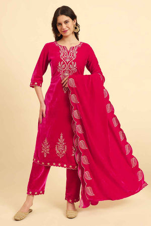 Pink Solid Thread Work Velvet Kurti Pant Set (6042SKDPK)