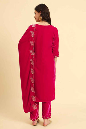 Pink Solid Thread Work Velvet Kurti Pant Set (6042SKDPK)