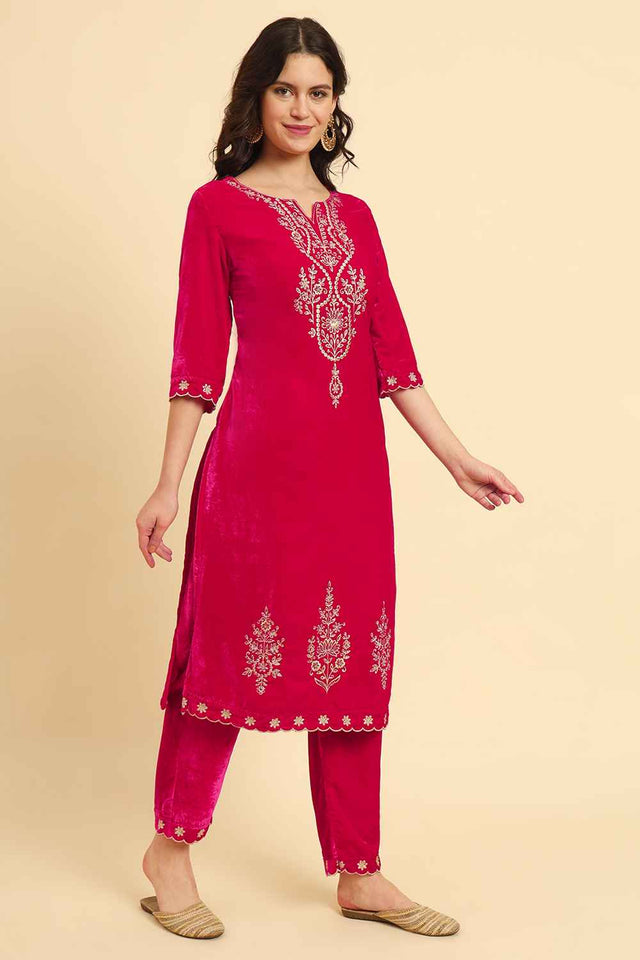 Pink Solid Thread Work Velvet Kurti Pant Set (6042SKDPK)