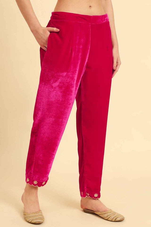 Pink Solid Thread Work Velvet Kurti Pant Set (6042SKDPK)