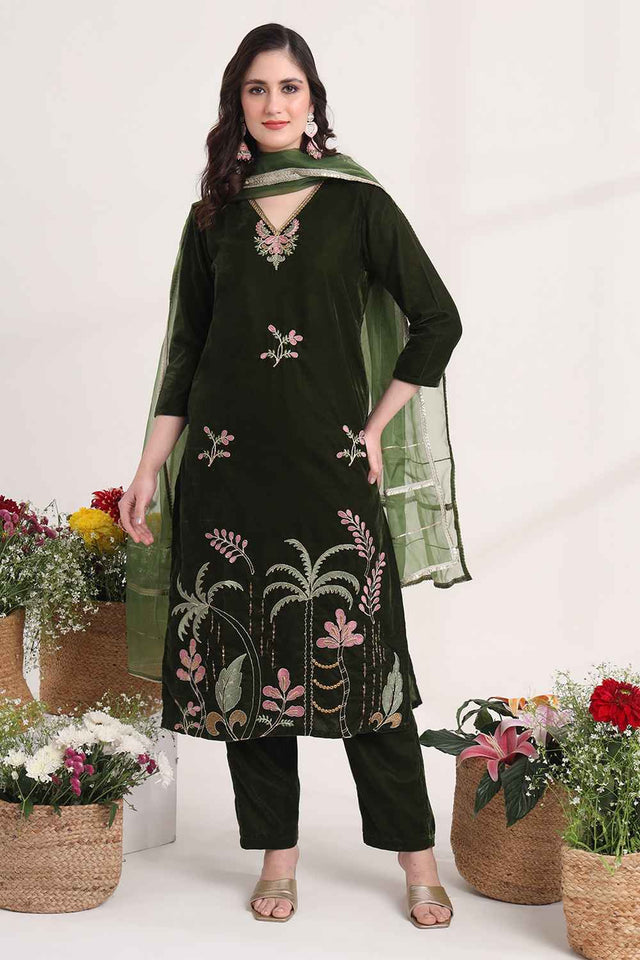 Olive Floral Velvet Kurti Pant Set (6049SKDOL)