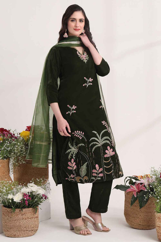 Olive Floral Velvet Kurti Pant Set (6049SKDOL)