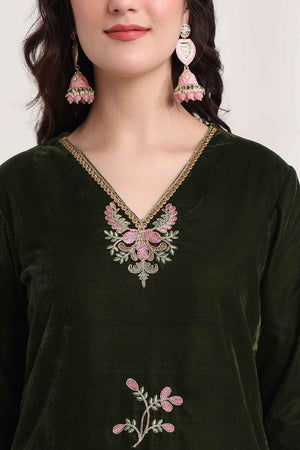 Olive Floral Velvet Kurti Pant Set (6049SKDOL)