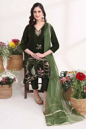 Olive Floral Velvet Kurti Pant Set (6049SKDOL)