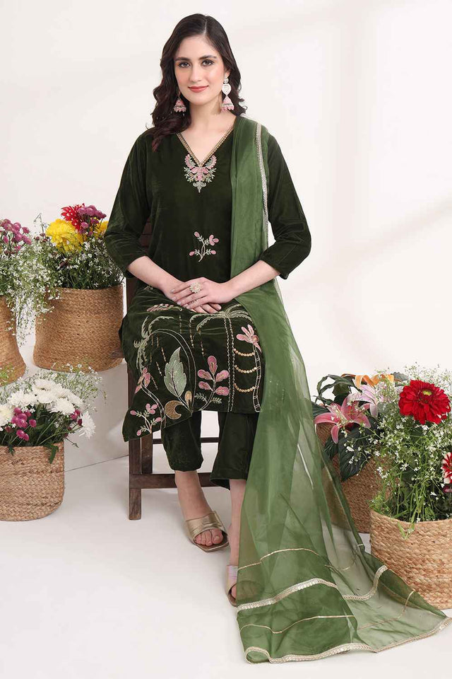 Olive Floral Velvet Kurti Pant Set (6049SKDOL)