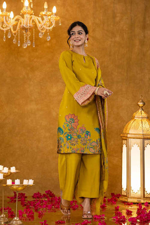 Green Floral Print Silk Kurti Pant Set