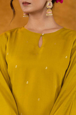 Green Floral Print Silk Kurti Pant Set