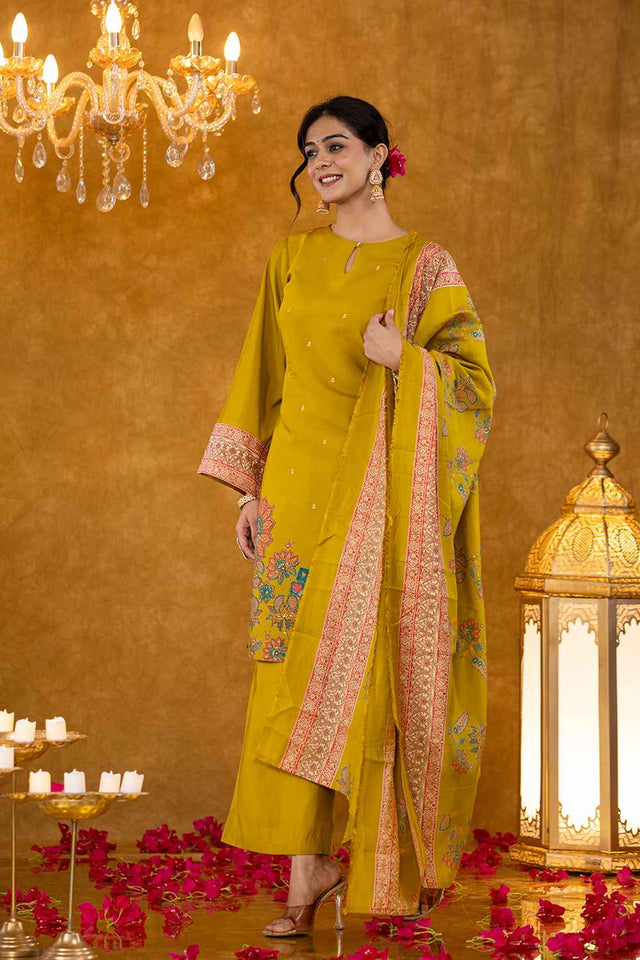 Green Floral Print Silk Kurti Pant Set