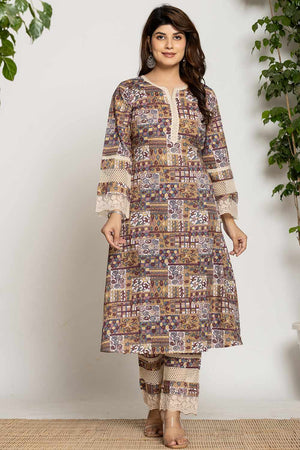 Beige Ethnic Motifs Printed Cotton Kurti Pant Set