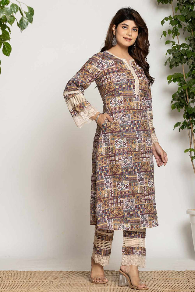 Beige Ethnic Motifs Printed Cotton Kurti Pant Set