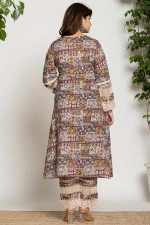 Beige Ethnic Motifs Printed Cotton Kurti Pant Set