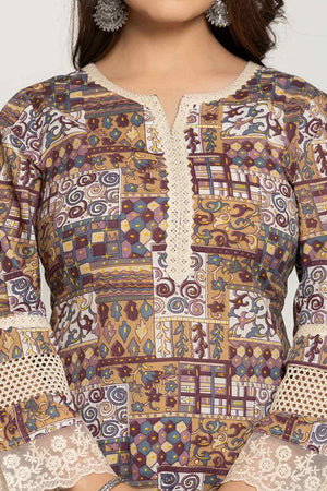 Beige Ethnic Motifs Printed Cotton Kurti Pant Set