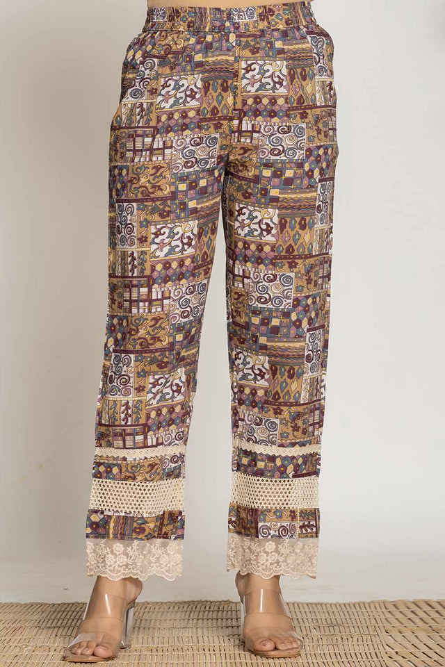 Beige Ethnic Motifs Printed Cotton Kurti Pant Set