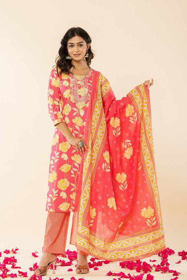 Pink Floral print Cotton Kurti Pant Set