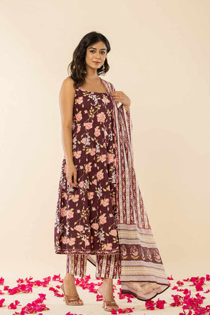 Brown Floral print Cotton Kurti Pant Set