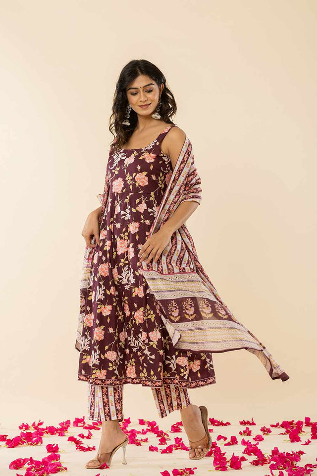 Brown Floral print Cotton Kurti Pant Set