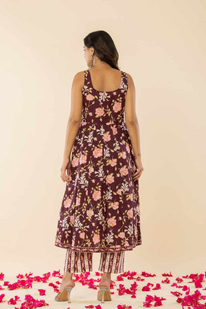 Brown Floral print Cotton Kurti Pant Set